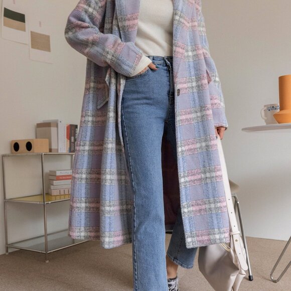 Multicolor Casual Plaid Women's Lapel Neck Single Button Overcoat Jacket - Picture 5 of 8